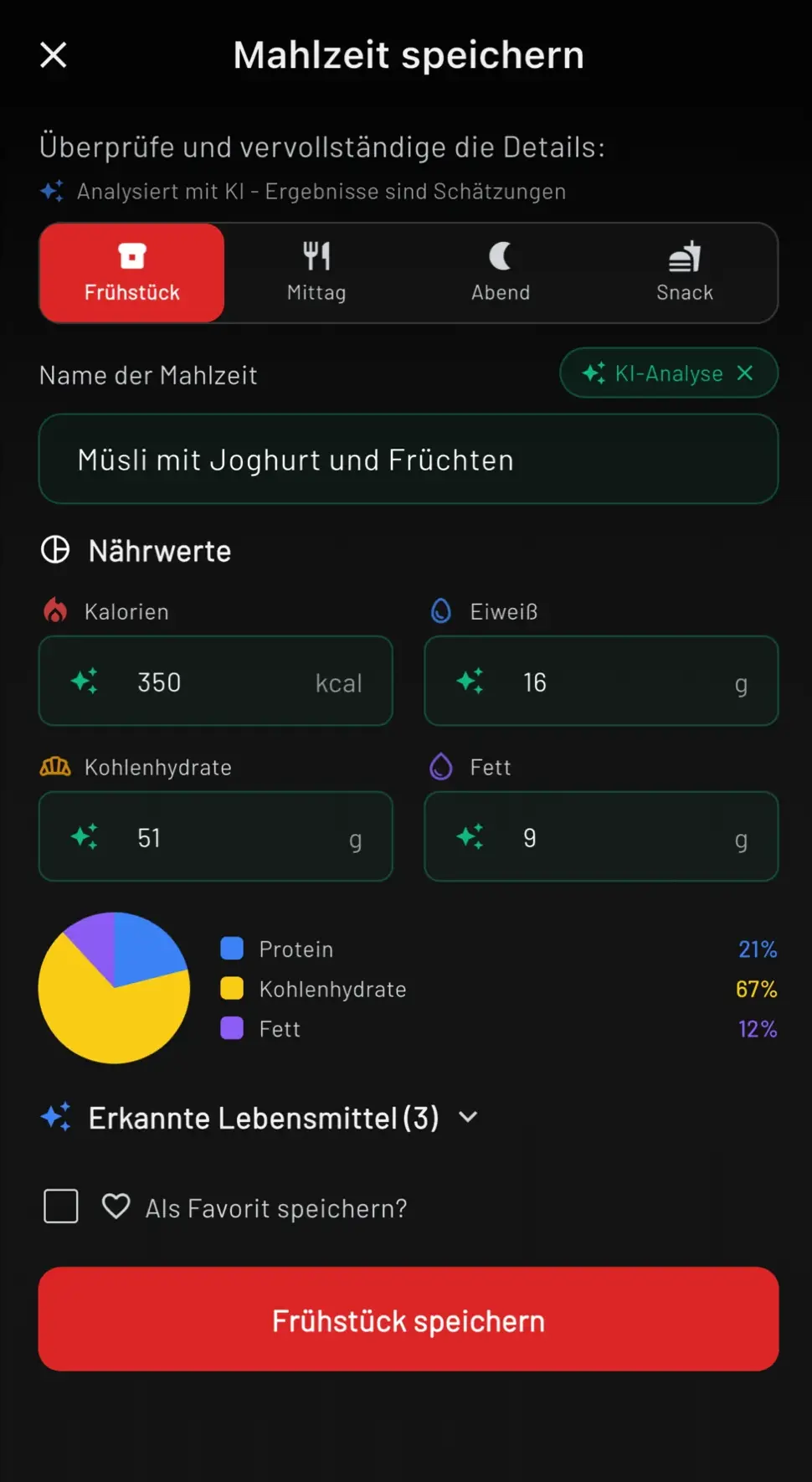 Mahlzeiteneingabe mit editierbaren Nährwerten eines Müsli-Beispiels